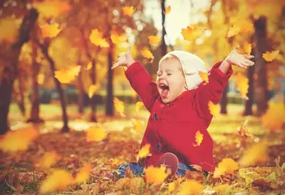 Happy little girl playing in the fall leaves.