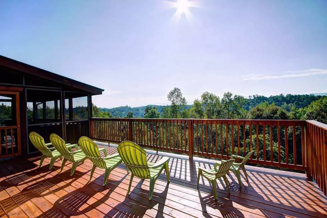 view of mountains from cabin deck in the Smoky Mountains