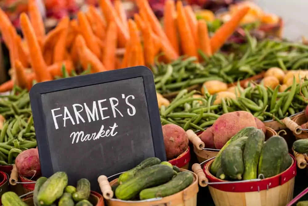 barrels of fruit and vegetables at Gatlinburg Farmer's Market