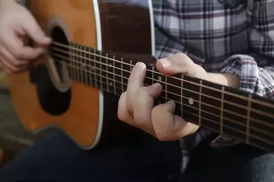 closeup of a man in plaid shirt playing guitar at Gatlinburg Festival