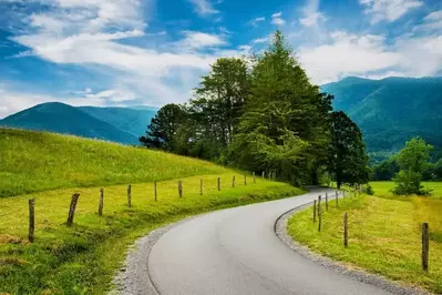 A scenic winding road in Cades Cove in the Smoky Mountains.