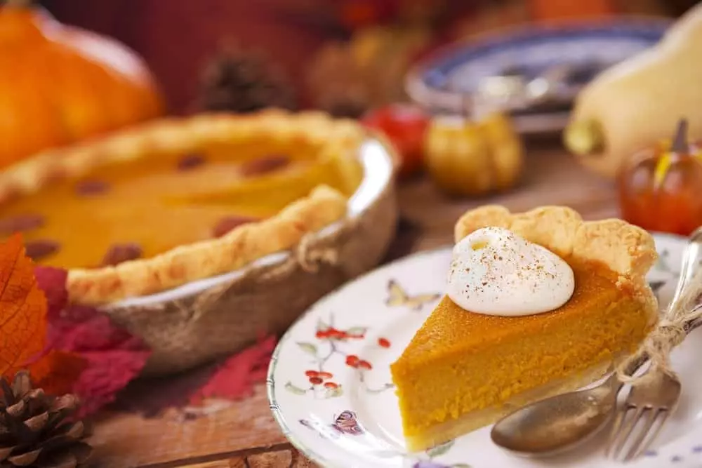 A delicious slice of pumpkin pie.