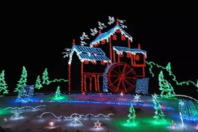 A Winterfest lights display depicting the Old Mill in Pigeon Forge.