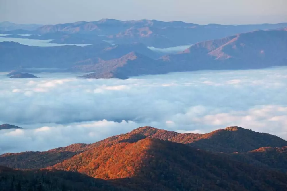 Sunrise photo of fall in the Smoky Mountains.