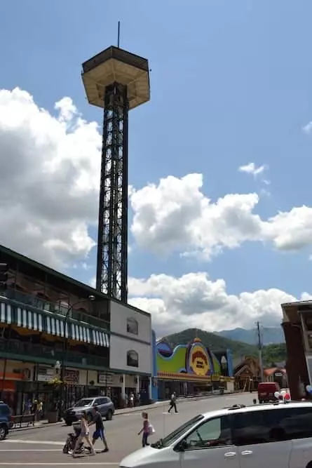 The Gatlinburg Space Needle towering over downtown Gatlinburg.