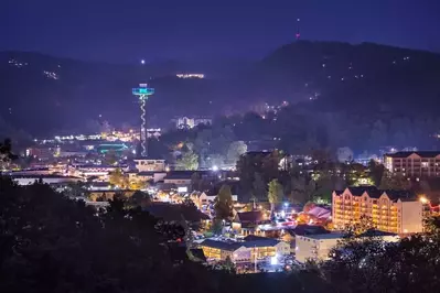 The glittering city of Gatlinburg at night.