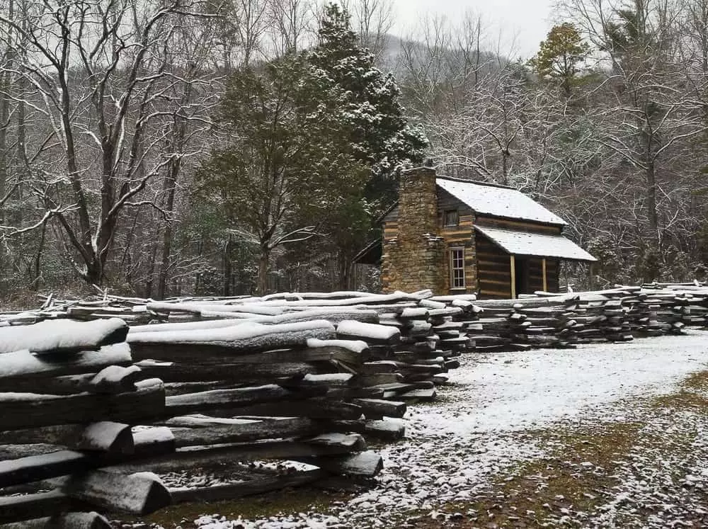 historic cabin in the Smoky Mountains winter